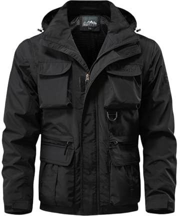 Jacken für Herren, mehrere Taschen, vielseitige Cargo-Jacke, durchgehender Reißverschluss, mit Kapuze, Windbreaker, Netzfutter, atmungsaktive Oberbekleidung, einfarbig, normale Passform, Sweatshirt