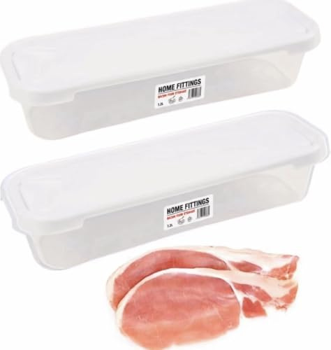Home Fittings ® 2 X 1.2L Bacon Storage Box Slim Food Tub Clear With White Lid Food Storage Container 30cm (Pack of 2)