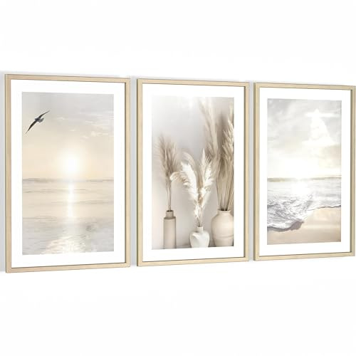 Novart Wandbilder mit Rahmen Natur - Wohnzimmer Schlafzimmer Büro Wanddeko - 3 Bilder Set 128x60 cm Beige - N129436aR3