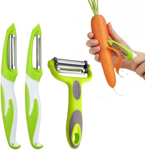 3 Pcs Pelapatate 3 in 1/Pelaverdura e Frutta/Affettatrice alla Julienne, Pelaverdure Professionale, Lama in Acciaio Inossidabile per Velocemente Patate, Carote e Ogni Tipo di Verdura e Frutta