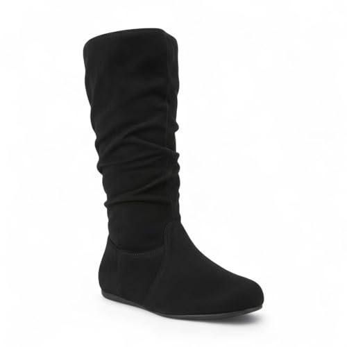 ABSOLEX Womens Soft Slouchy Mid-Calf Flat to Low Heel Pull On Fall Weather Winter Boots, Black Suede, 7