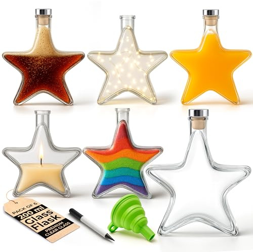 SEASONAL STREET Star Shaped Glass Flask Bottles 200ml - 6 Pack Decorative Glass Bottles with Cork Lid, Labels, Pen and Funnel - Ideal for Display, Crafts or Gifts