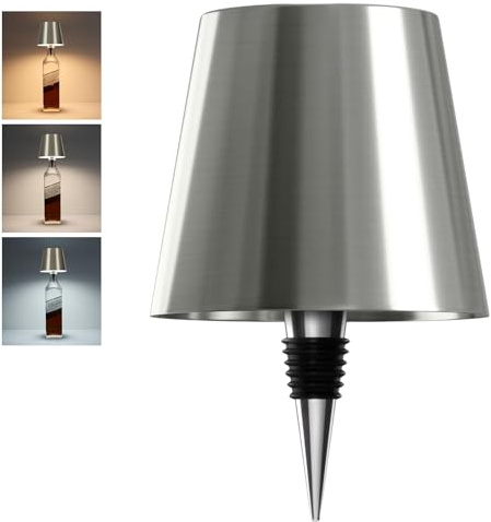 Lampada ricaricabile a bottiglia con modalità di illuminazione a 3 colori, illuminazione a LED senza fili per bancone bar e decorazione domestica, elegante finitura argentata.