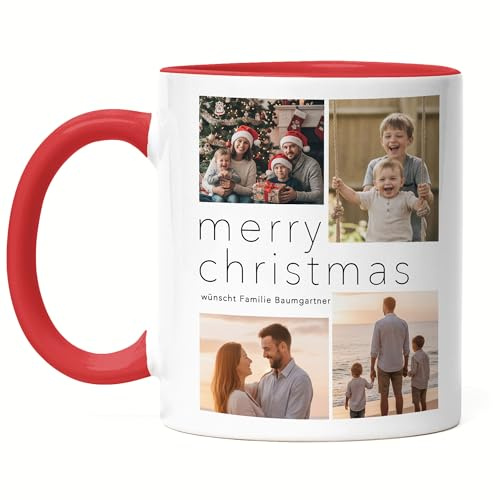 Kiddle-Design Fototasse zu Weihnachten mit eigenen Fotos selbst gestalten, Familien Fotogeschenk als Tasse mit Namen, Bildern und Text Bedrucken, Merry Christmas Kaffeetasse Herzhenkel