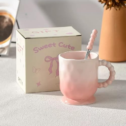 SuperglockT Porzellan Kaffeebecher moderne Farbverlauf Kaffeetasse 380ml Kakaobecher mit Löffel Milchbecher Teetasse Cappuccino Tasse Bürotasse mit Henkel (Rosa)