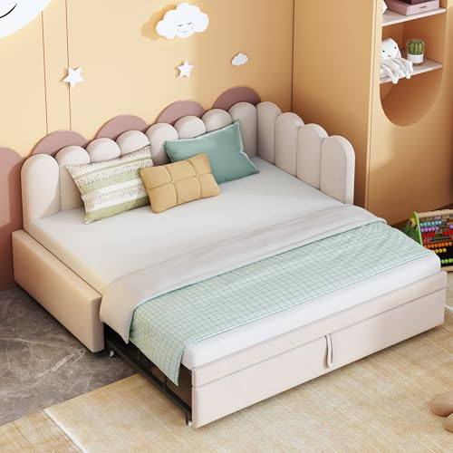 Fppuueg Sofa Cama Tapizada 90x200 cm Cama Infantil con con Cama Nido y Respaldo en Forma de Pétal, Sofá Cama Convertible en 180 cm, Sofa Cama Individual, Beige, Terciopelo, Sin Colchón