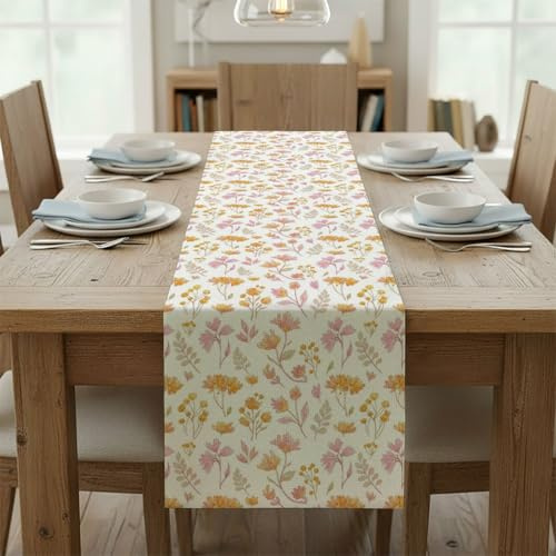 Watercolor Orange Pink Flower Light Green Leaves Table Runner Floral Placemats Table Turner for Dining Vintage Easter Decor Spring Decorations for Home Kitchen Dining Holiday Decor 14 × 108 inch