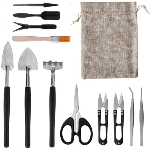 13-in-1 Sukkulenten Werkzeuge Set mit Aufbewahrungstasche – Mini Gartenwerkzeug für Zimmerpflanzen, Terrarien & Umtopfen | Ideal für Bonsai, Sukkulenten & Kräuter (inkl. Schere, Schaufel, Rechen)