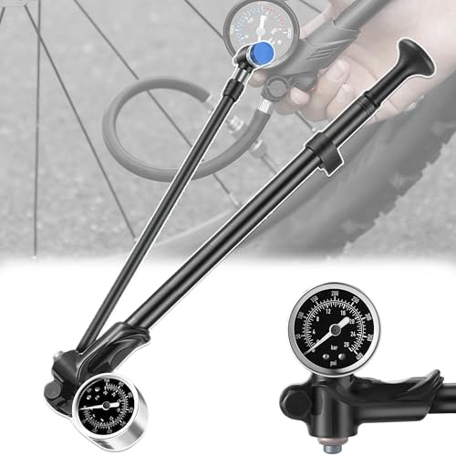 MINGZE 400 Psi Hochdruck Fahrrad Dämpferpumpe, Fahrrad-Dämpferpumpe Mit Messgerät, 2 In1 Gabelpumpe/Fahrradreifen Pumpe, Drehbarer Kopf Tragbare Minipumpe Mit Entlüftungstaste, Black