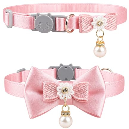 2er-Set Katzenhalsband in Rosa - Verstellbares Kätzchen-Halsband mit Sicherheitsverschluss und Schleife, weiches Material für kleine Katzen