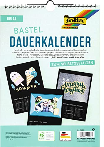 folia 23601 - Dauerkalender, Bastelkalender, mit Spiralbindung, DIN A4, schwarz, inklusive 3 Jahres-Vorschau