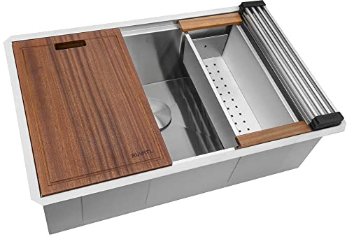 Ruvati 32-inch Undermount 16 Gauge Stainless Steel Workstation Kitchen Sink Single Bowl – Soundproof Multifunction Chef Sink with Cutting Board & Accessories, Brushed Finish Hides Scratches – RVH8300