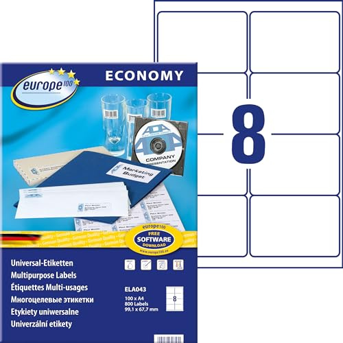Europe100 Art. ELA043 Universella etiketter (800 självhäftande etiketter, 99,1 x 67,7 mm på A4, matt papper, individuellt tryckbara fraktetiketter, självhäftande fraktklistermärken) 100 ark, vit