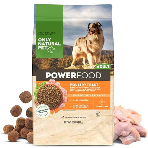 Only Natural Pet Dry Dog Food Canine PowerFood Formula - Paleo Inspired Formula with No Grain, Soy, Corn, Wheat or Oats – Poultry Feast 20 lb Bag