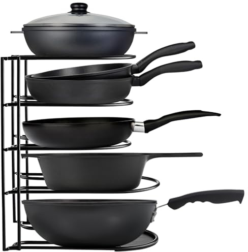 Organiseur robuste pour casseroles et poêles – Pour poêles en fonte, casseroles, poêles à frire, couvercles | Étagère en acier durable à 5 niveaux pour comptoir de cuisine et armoire de rangement et