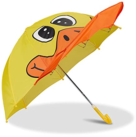Relaxdays Kinderregenschirm mit 3D Ente, Regenschirm für Mädchen und Jungen, kleiner Stockschirm, gelb