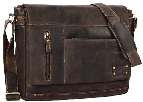 STILORD 'Patrick' Vintage Schultertasche aus echtem Rinds-Leder, mit Laptopfach, Umhängetasche aufsteckbar Unitasche Leder, Farbe:dunkel - braun