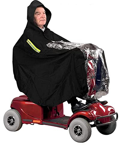 NNKJ Waterproof Rain Poncho for Mobility Scooter, Large Wind Proof Scooter cape Raincoat Reusable Made by Black Clear PVC Full Protection from Rain