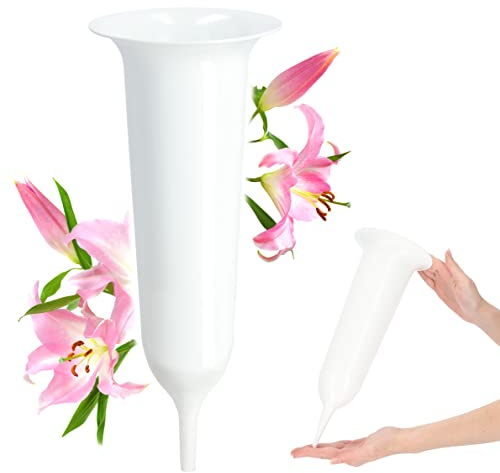 KADAX Grabvase, Vase aus Kunststoff, Blumenvase, Kunststoff-Vase für Blumen, wetterfeste Friedhofsvase, frostsicher Steckvase für Grab, witterungsbeständiger Grabschmuck (12cm, mit Erdspieß, weiß)