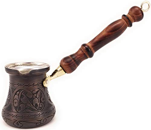 PCA Series (Small-6fl.oz) - Thickest Solid Engraved Antique Copper Turkish Greek Arabic Coffee Pot Heavy Duty with Wooden Handle Stovetop Coffee Maker Jazzve Cezve Ibrik Briki