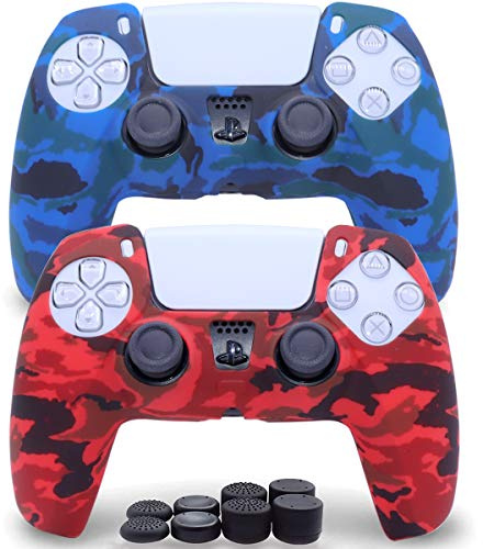 Sofunii 2 Pack Silicone Controller Skins Camo Anti-Slip Cover Case Protector Sleeve for PlayStation 5 /PS5 Controller with 8 x Thumb Grip Caps(Blue,Red)