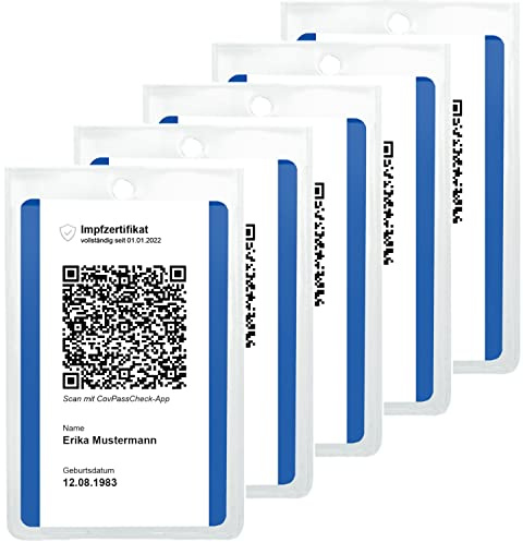 5X Impfkartenhülle - Schutzhülle für neuen Impfnachweis, Digitale Impfbescheinigung im Kartenformat (54 x 85 mm) - Platz für Personalausweis - mit Stanzung für Band - Made IN Germany