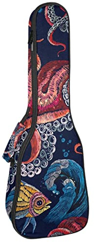 Konzert-Ukulelen-Rucksack, strapazierfähige Ukulele-Tasche mit Stauraum, Sopran-Konzert-Ukulele, 10 mm, gepolsterte Tasche, Stickerei, Oktopus, Meereswellen, Fische