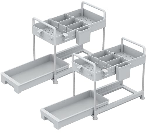 SOLEJAZZ Organizador de 2 niveles debajo del fregadero, organizador deslizante debajo del gabinete del baño con ganchos, taza colgante, organizador multiusos debajo del fregadero, gris, paquete de 2