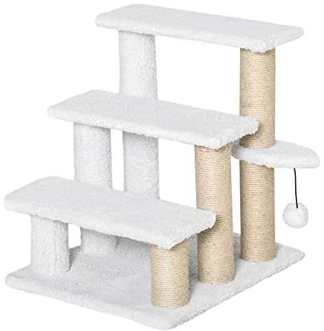 PawHut Katzentreppe 3 Stufen Tiertreppe Treppe für Katze mit Kratzsäulen Ball Haustiertreppe Hundetreppe aus Plüsch und Jute 45 x 40 x 48 cm Weiß