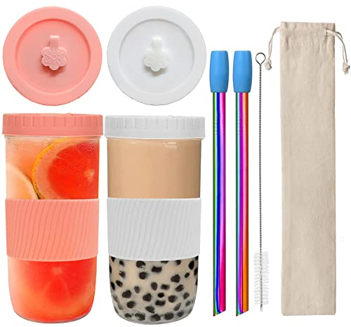 Taza de Té de Burbujas Con Pajitas, 2 Unidades, Vaso Reutilizable para Café, Batidos, Zumos, Cerveza y Bebidas (Rosa, Blanco)