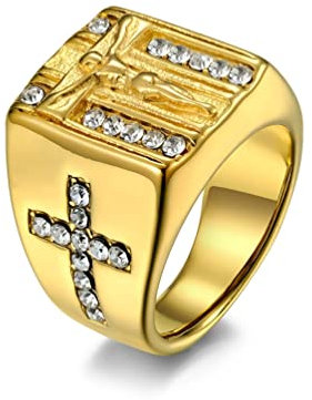 KnSam Herren Trauring Edelstahl, Kreuz Jesus Religion Pärchenring Bandring mit Zirkonia für Männer, Gold, Gr.57 (18.1)