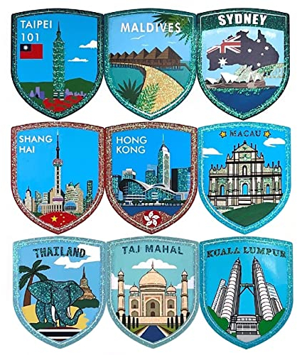 A-ONE Asian Pacific Oceania Touristenplätze Bling Iridiertes Helm Country Tags 9 PCs+Taiwanese Shaman Tourist Stickerei Patch 1 PC, Wahrzeichen Aufkleber für Buch, Raumdekoration SR9+Nr. 314