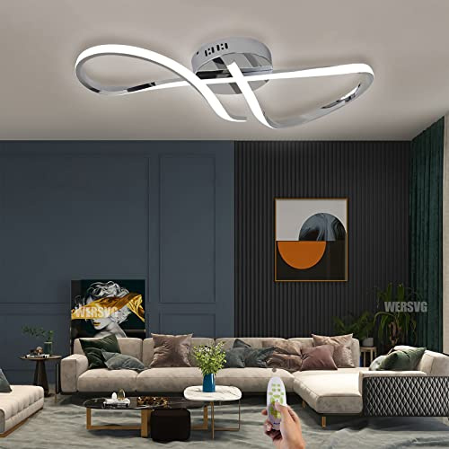 WERSVG Modern LED Deckenleuchte dimmbar L80CM Groß Wohnzimmerlampe Energiesparende deckenlampe mit Nachtlichtfunktion Geeignet für Wohnzimmer Lobby Schlafzimmer Esszimmer (Verchromt)