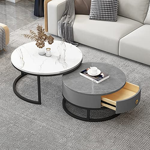 Runder Couchtisch 2er-Set, Beistelltisch-Set mit Schubladen, Sofatisch mit Schiefer-Marmor-Textur, Metallrahmen, moderner Teetisch für Schlafzimmer, Wohnzimmer, Möbel, Dekoration, multip