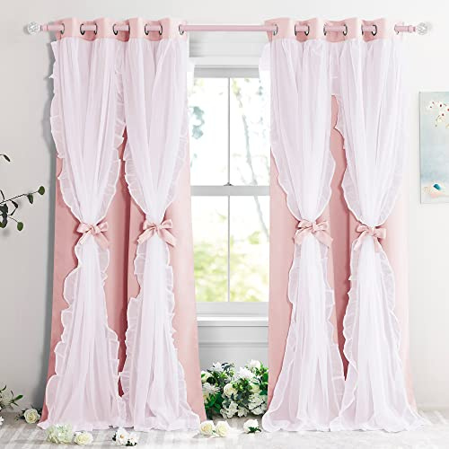 PONY DANCE Pink Blackout Curtains for Nursery, Double Layer Bow Curtains with Ruffle Sheer Overlay for Girls Bedroom, Cute Shabby Chic Kids Toddler Room Decor Drapes Coquette Style, 52x84 inch, 2 PCs