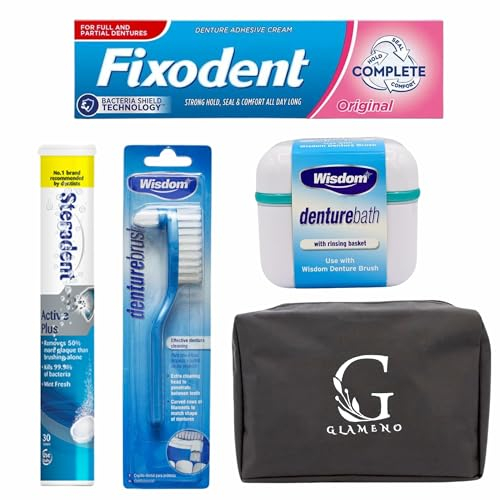 Denture Cleaning Tablets with Denture Box, Denture Adhesive and Brush Bundled with Glameno Toiletry Bag
