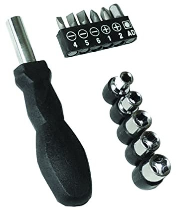 PARENCE.- Cacciavite/cacciavite multifunzione 12 in 1 (alloggiamento) con 5 prese (inserti), 3 punte piatte (4, 5, 6), 2 punte Phillips (1, 2) e 1 chiave per lacci