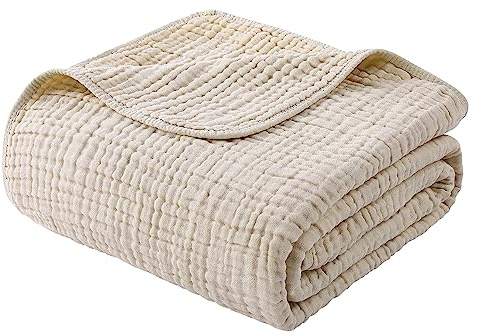 Yoofoss Muslin Blanket 100% Organic Cotton Large Twin Size 60 x 80 for Bed Couch Summer Gauze Blanket for Adults Lightweight and Breathable Apricot White