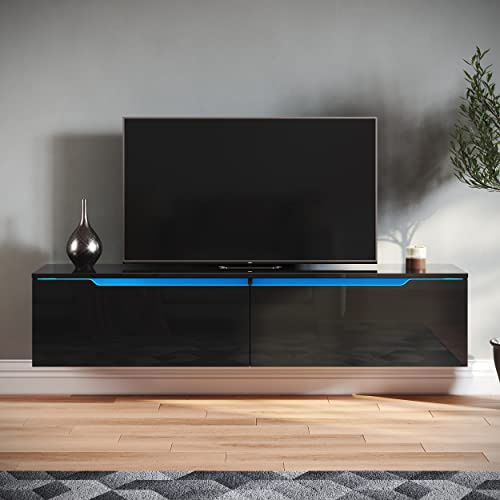 SONNI Lowboard, svart, TV-bräda, hög glans, TV-skåp, TV-bord, TV-hylla med LED-belysning, 12 färger, vikdörr, handtagslös design, två monteringsalternativ, 140 x 35 x 30 cm, GTV009B