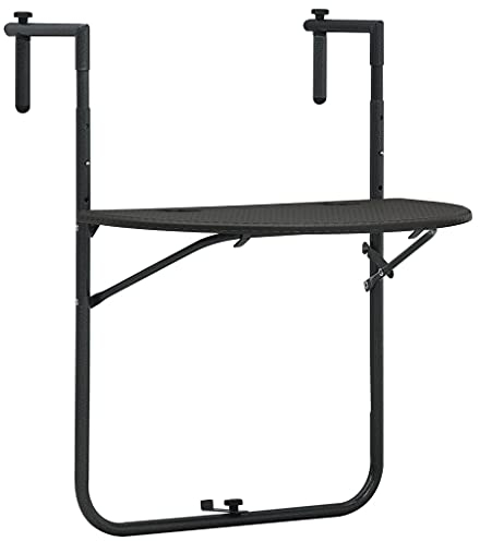 Homgoday Hängande balkongbord, fällbart balkonghängbord, fällbord, hängande bord, terrassbord, balkongfällbord för balkongräcken, väggbord, brunt 60 x 64 x 83,5 cm, plast rottinglook