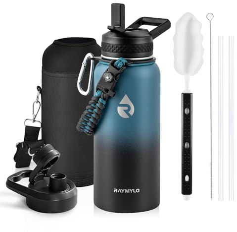 RAYMYLO Insulated Water Bottle 32 oz, Triple Wall Vacuum Stainless Steel (Cold for 24Hrs, Hot for 12Hrs), Leak Proof & Non-BPA, Modern Water Flask Jug with Paracord Handle & Straw Spout Lids