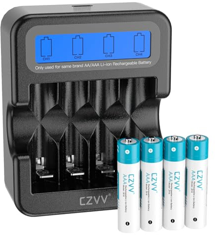 czvv AAA uppladdningsbara litiumbatterier 1,5 V - hög kapacitet 1 100 mWh, 4-pack litiumbatterier med LCD ultrasnabb laddare 2 H - lång livslängd 10 år, 1 300 cykler för leksaker, rakapparater,