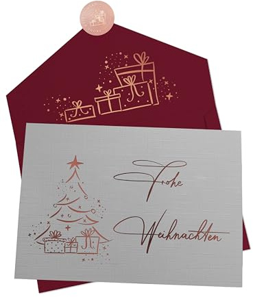 Joli Coon 50 Weihnachtskarten, mit Kuvert und Siegelsticker | 350g strukturiertes Designerpapier, Roségoldveredelung, rotes Weihnachtskuvert, für persönliche Weihnachtsgrüße
