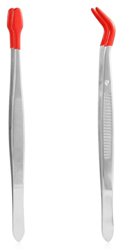 2st Edelstahl Pinzette mit Rutschfestem Gummi Gerade Flache und Gebogene Spitzen, Gummiert Pinzette mit Spitze für Schmuck Edelsteinstempel Perlenhandwerk Diamantkristalle Industrie
