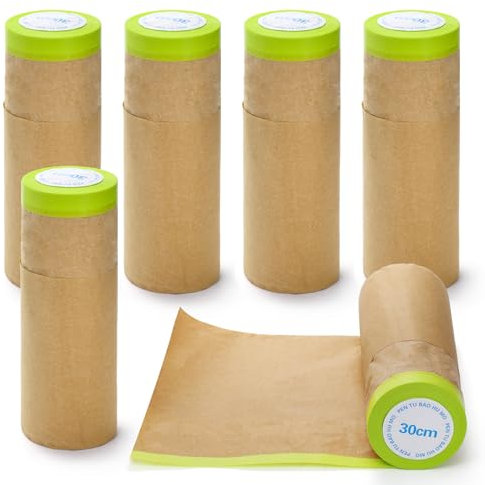 Jucoan 6 Rolls Masking Paper for Spraying, Pre-Taped Masking Film 30CM x 9M/12'' x 30ft Tape and Drape Automotive Paint Masking Paper for Car Wall Frame Floor Furniture Protection