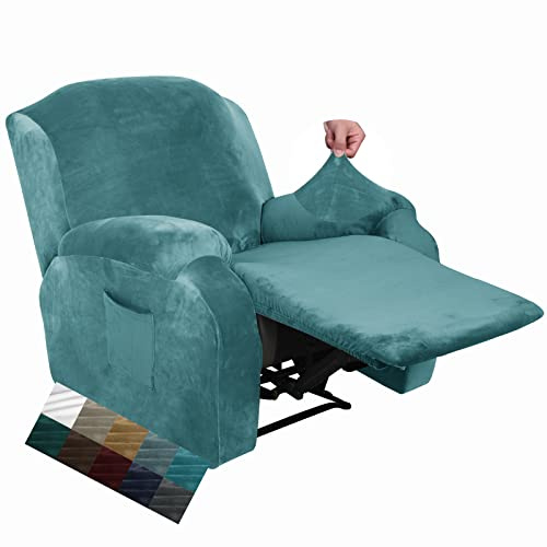 CHELZEN Funda de Sillón Relax Terciopelo, Fundas Sofá Elásticas para sillón, Funda Reclinable de 4 Piezas con Bolsillos Laterales (Azul Pavo Real)