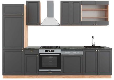 Vicco Küchenzeile Fame-Line, Anthrazit Landhaus/Goldkraft Eiche, 300 cm, AP Anthrazit, geeignet für individuelle Modul-Erweiterung und Flexible Anordnung