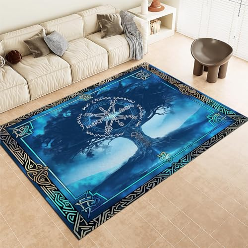 Srigzcaly Teppich Wohnzimmer, Wikinger Rune FüR & Lebensbaum Teppiche rutschfest Waschbar Blau Teppiche Kurzflor für Schlafzimmer Kinderzimmer, Weiche Flanell Teppich 80x150cm