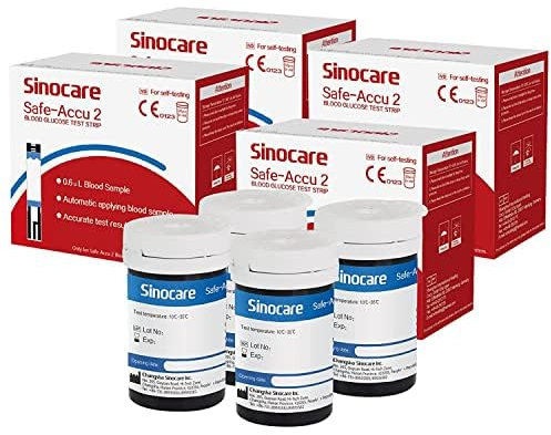 sinocare Tiras, 200 x Tiras Prueba en Sangre Reactivas sin Código, Solo para Safe Accu2