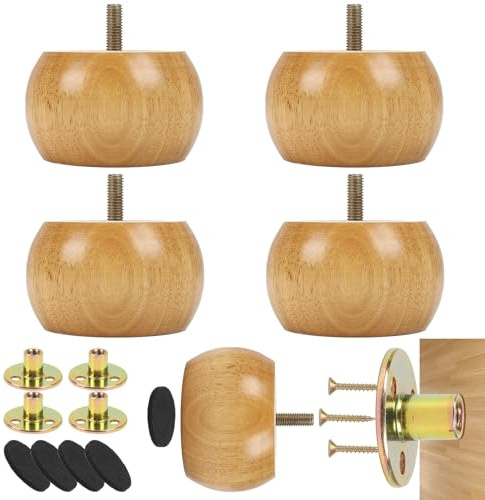 Minnhua 4 Pcs Furniture Legs Wooden Furniture Feet 5cm Solid Wood Furniture Feet Sofa Legs Round Bun Feet with 4 Screws Wooden Bun Feet for Furniture Chair Feet Sofa Couch Ottoman Coffee Table Cabinet